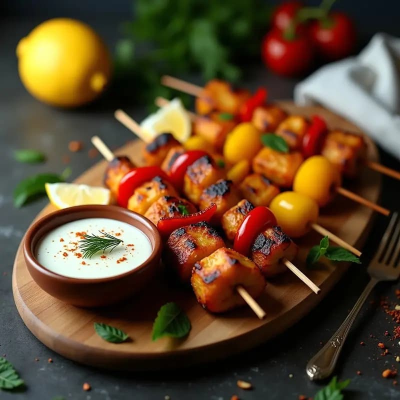 Brochetas de souvlaki griego vegano con trozos dorados de jackfruit, pimientos rojos y verdes asados, y cebolla morada, servidas en plato de barro con tzatziki cremoso de anacardos y hierbas frescas al lado.
