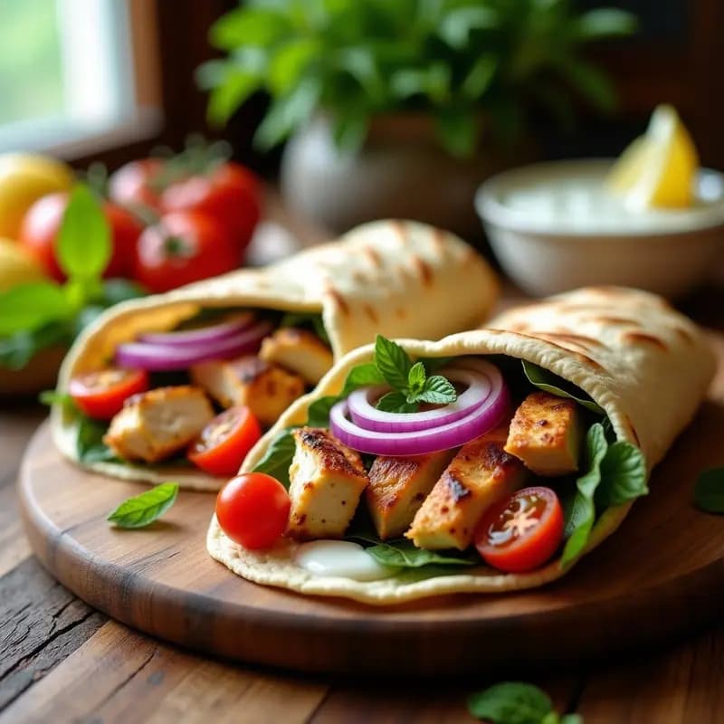 Souvlaki griego servido en pan de pita integral abierto, con trozos de pollo dorado, pepino, tomate, cebolla morada, lechuga y salsa tzatziki, cocinado en airfryer. Plato bajo en grasas y alto en proteína.