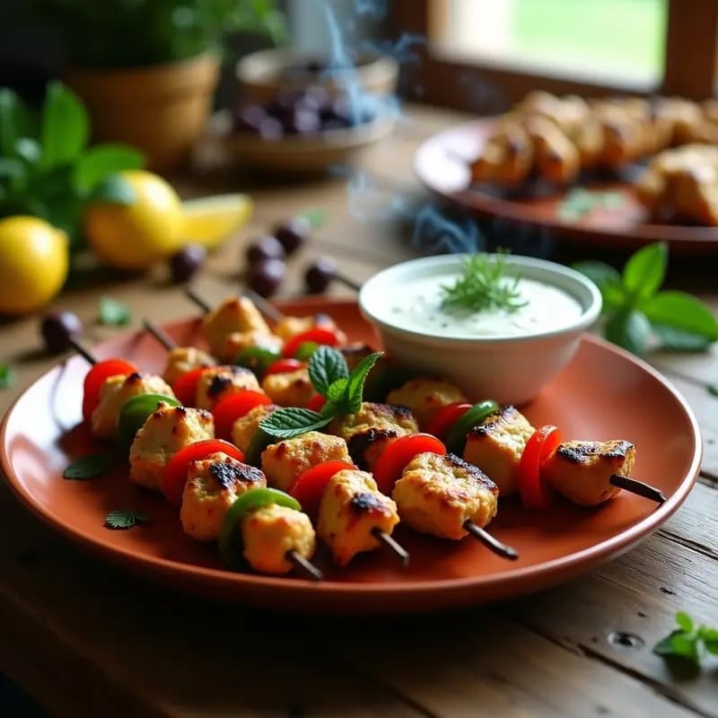 Brochetas de souvlaki griego de pollo y pimientos asados a la parrilla, doradas y jugosas, servidas en un plato de madera rústico con un bol de tzatziki de pepino cremoso y hierbas frescas al lado.