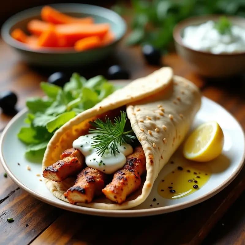 Brochetas de pollo dorado marinado en especias griegas, servidas en pan de pita integral relleno de tzatziki cremoso de pepino y ajo negro, espolvoreado con semillas de sésamo. Plato listo para tupper, con fondo de mesa de madera rústica y hierbas frescas.