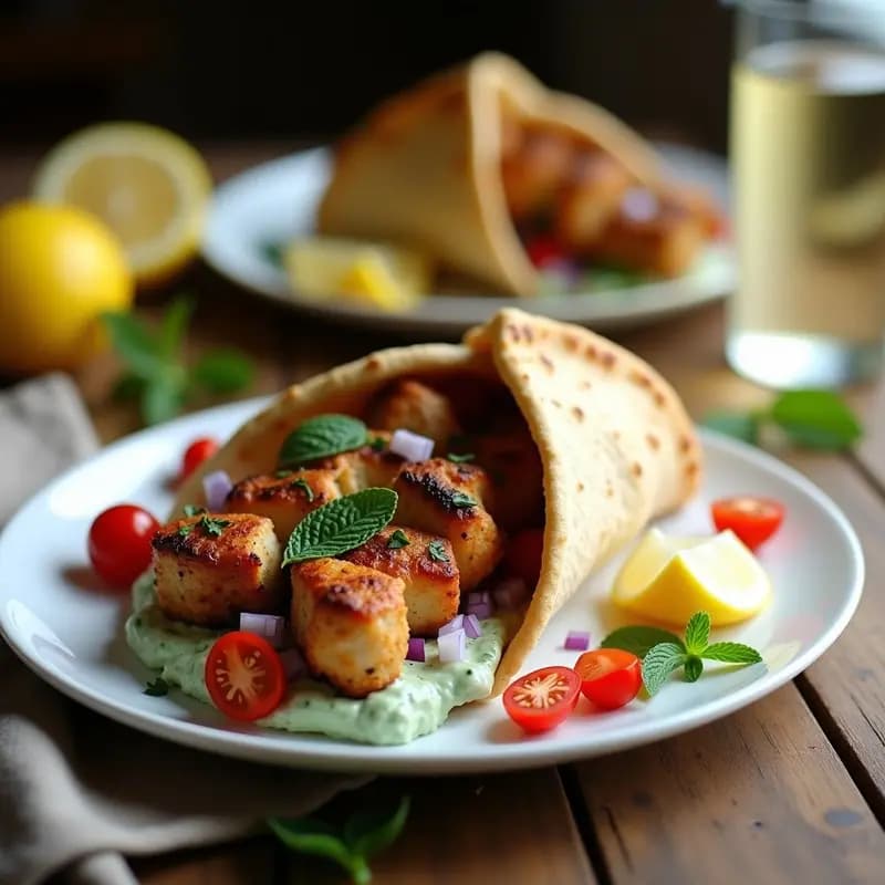 Brochetas de souvlaki de pollo dorado servidas en pan pita integral tostado con semillas de sésamo, acompañadas de tzatziki vegano cremoso, cebolla morada, tomate cherry y lechuga fresca. Plato colorido y saludable de cocina griega rápida.