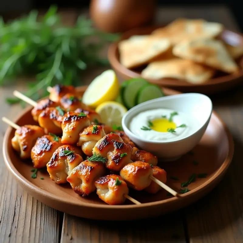 Brochetas griegas de pollo dorado en palitos de madera, servidas en plato de cerámica blanca con salsa tzatziki cremosa y hierbas frescas. Receta de souvlaki de pollo con tzatziki alta en proteína.