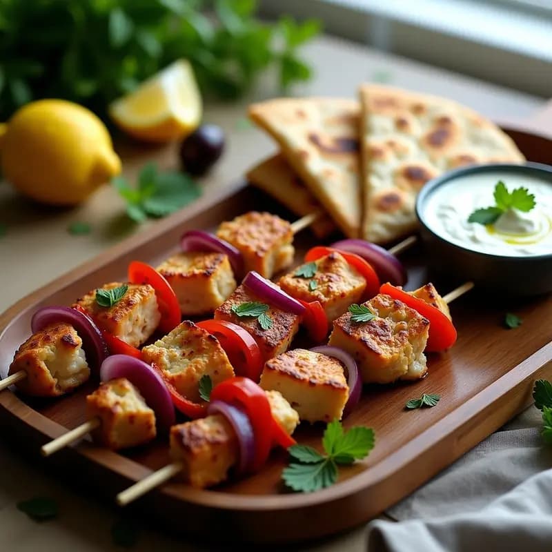 Plato de souvlaki de pollo en airfryer con trozos dorados de pollo, pimiento rojo y cebolla morada, acompañados de pan pita casero recién hecho y salsa tzatziki cremosa con perejil fresco, sobre una mesa de madera rústica con toques mediterráneos.