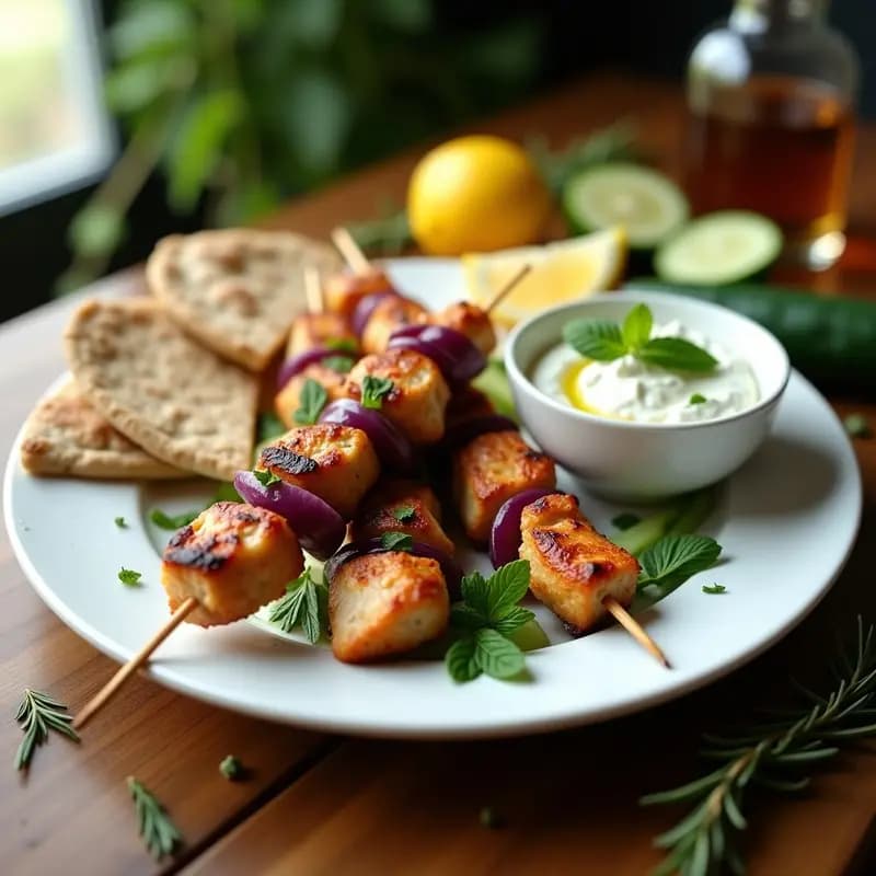 Brochetas de souvlaki de pollo dorado asado, servidas con tzatziki cremoso de pepino negro y hierbas frescas, acompañadas de pitas integrales y rodajas de cebolla morada sobre un plato de cerámica blanca con fondo rústico.