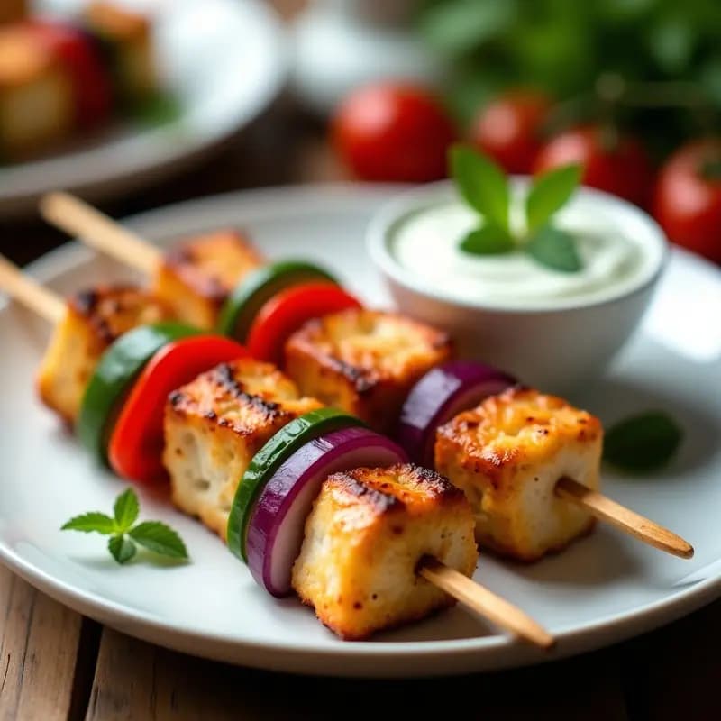 Brochetas de souvlaki de pollo dorado en airfryer, con trozos de pimiento rojo y cebolla morada, servidas sobre un plato blanco con salsa cremosa de yogur y pepino rallado, decoradas con hojas de menta fresca.