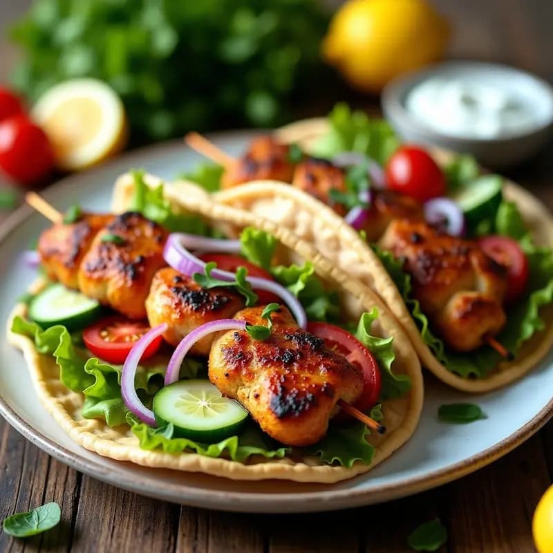 Brochetas de souvlaki de pollo al yogur con trozos dorados, servidas en pitas integrales abiertas, acompañadas de salsa de yogur cremosa, cebolla morada en juliana y tomate en cubos, sobre un plato de cerámica blanca con hierbas frescas de fondo.