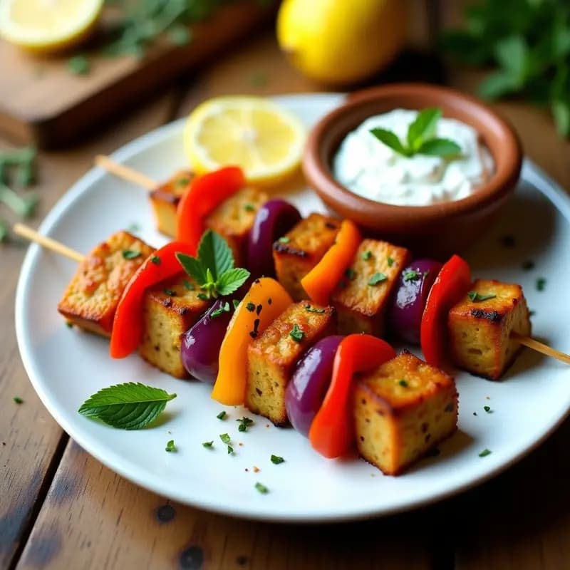Brochetas griegas veganas de seitán y pimientos rojos y amarillos asados, servidas en plato blanco con salsa tzatziki cremosa y hojas de menta fresca. Receta de souvlaki vegano con especias.