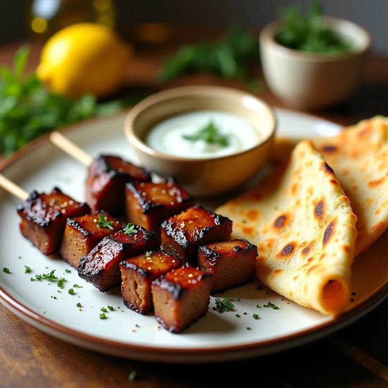 Plato con souvlaki de ternera en brochetas doradas sobre pitas de coliflor low carb, acompañadas de salsa de yogur, lechuga, tomate, pepino y cebolla morada, receta griega en airfryer.