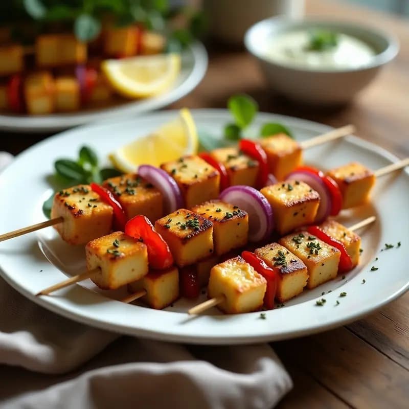Brochetas de souvlaki de tofu dorado marinado en limón y orégano, servidas en un plato blanco con rodajas de limón, pimiento rojo asado y cebolla morada. Receta griega vegana en airfryer.