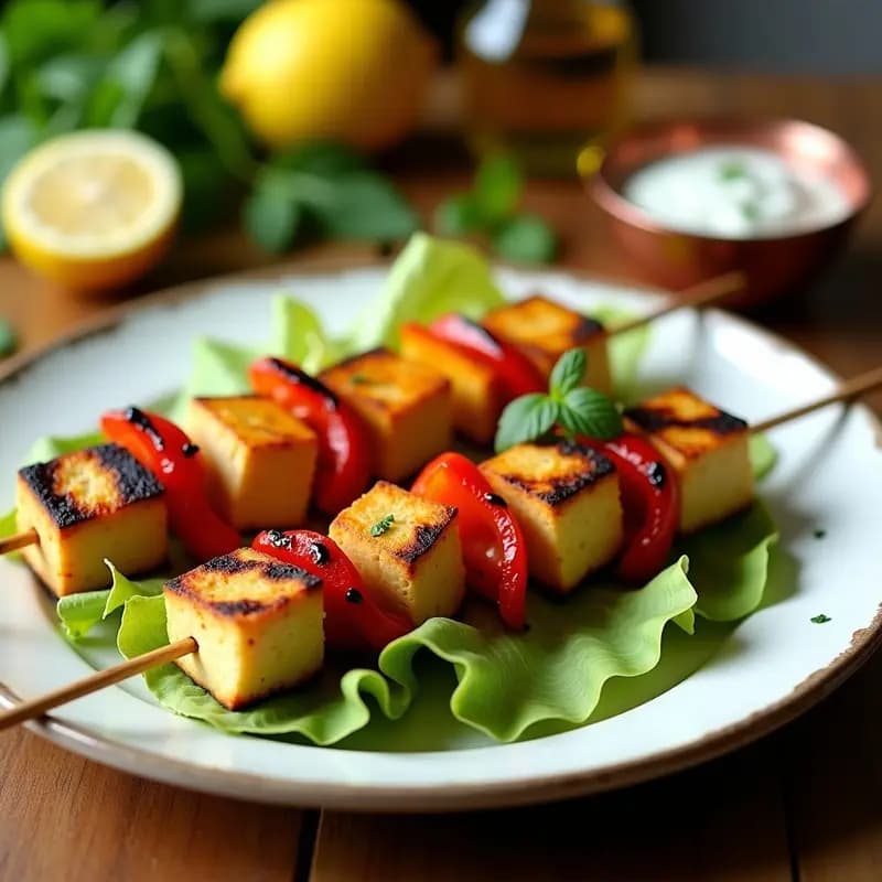 Pinchos de souvlaki vegano con cubos de tofu dorado y pimientos rojos y amarillos asados, servidos en plato de cerámica blanca con salsa tzatziki cremosa y hierbas frescas, receta griega tradicional adaptada.