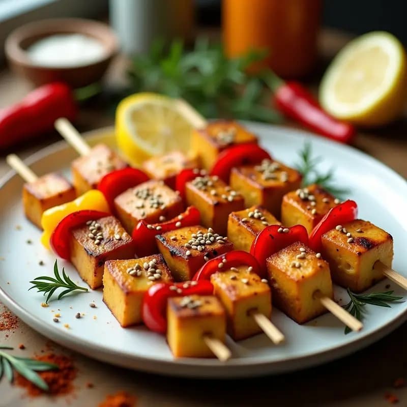 Brochetas griegas veganas de tofu dorado y pimientos rojos y amarillos asados, servidas en plato blanco con semillas de sésamo espolvoreadas y fondo de especias mediterráneas.