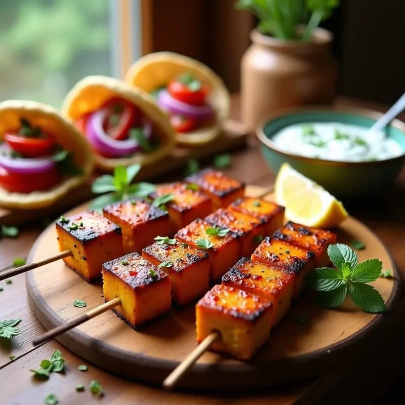 Brochetas de souvlaki griego vegano con tofu dorado y crujiente en palillos de madera, acompañadas de pan pita integral relleno de cebolla morada, tomates cherry y salsa tzatziki cremosa de pepino y eneldo. Plato servido en tabla de madera rústica con limones y hierbas frescas de fondo.