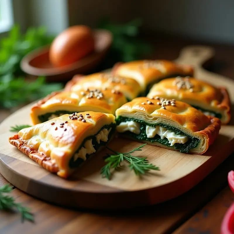 Spanakopita griega con espinacas y feta en hojaldre sin gluten, dorada y crujiente, cortada en porciones rectangulares sobre una bandeja de madera rústica con hierbas frescas de decoración.