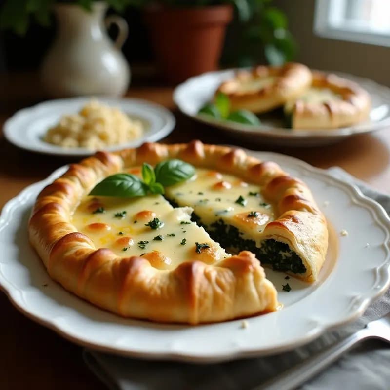 Spanakopita griega dorada y crujiente en lámina de hojaldre, rellena de espinacas frescas y queso feta desmenuzado, servida en bandeja rústica con aceitunas y hierbas griegas.