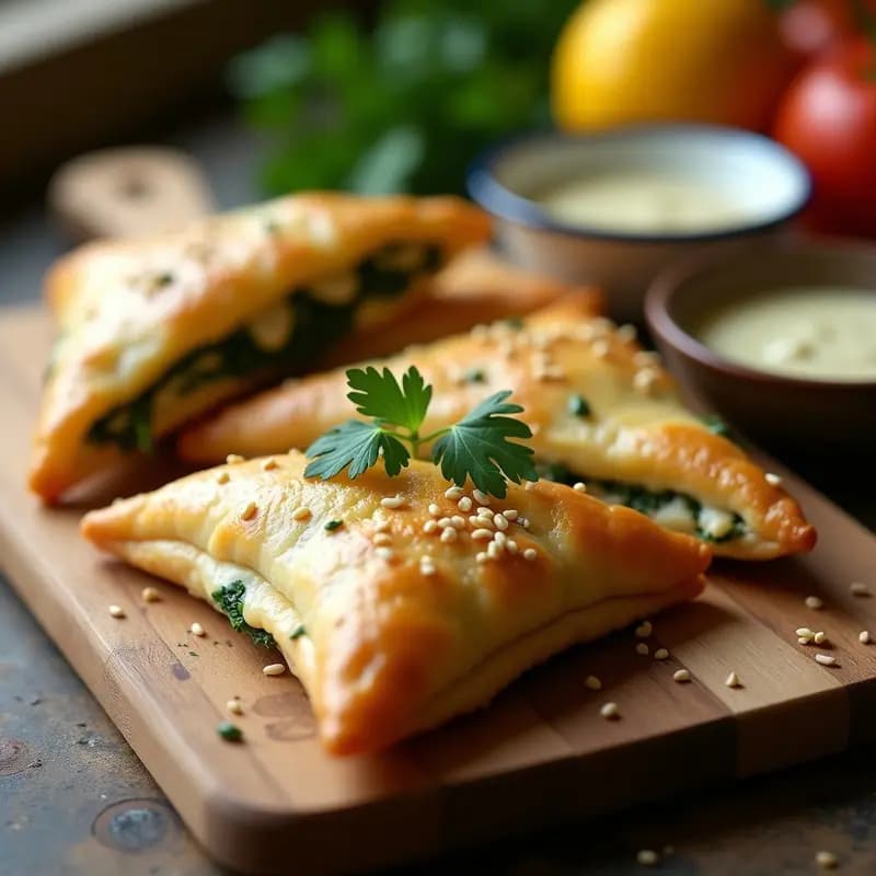 Spanakopita vegana sin gluten recién horneada, con capas doradas de masa filo crujiente rellenas de espinacas y queso vegano, servida en bandeja de madera rústica sobre papel de horno.