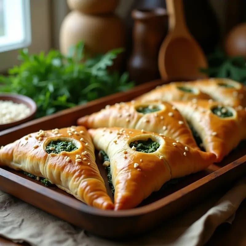 Spanakopita griega vegana con espinacas y tofu desmenuzado en hojaldre dorado y crujiente, espolvoreada con semillas de sésamo, servida en una bandeja de madera rústica con fondo borroso de cocina tradicional.