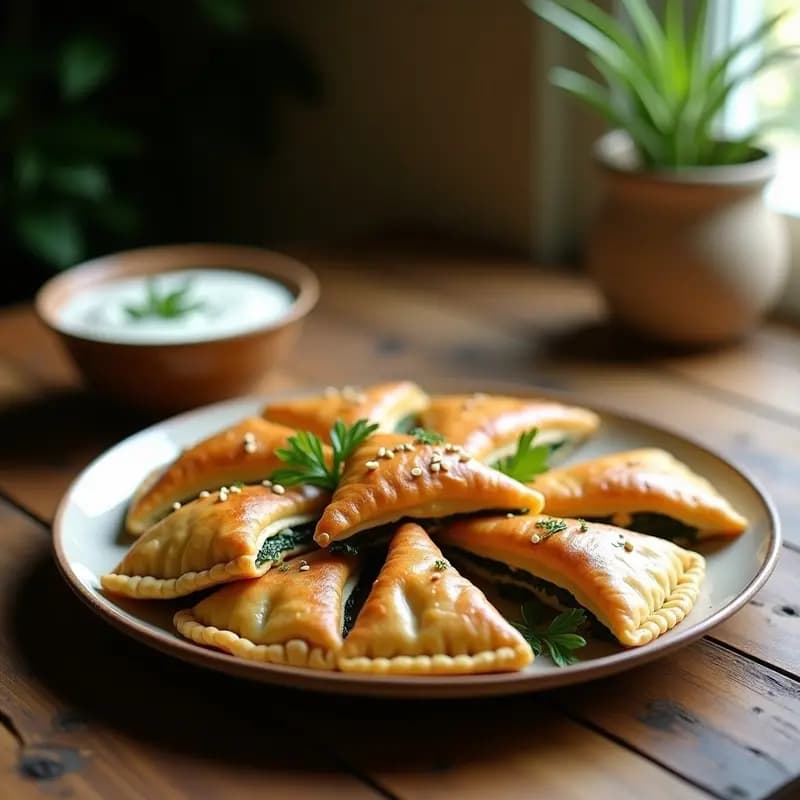 Spanakopita griega vegana en forma de triángulo, con capas doradas de hojaldre filo crujiente rellenas de espinacas y tofu. Servida en bandeja de madera con semillas de sésamo y hierbas frescas, receta tradicional adaptada.