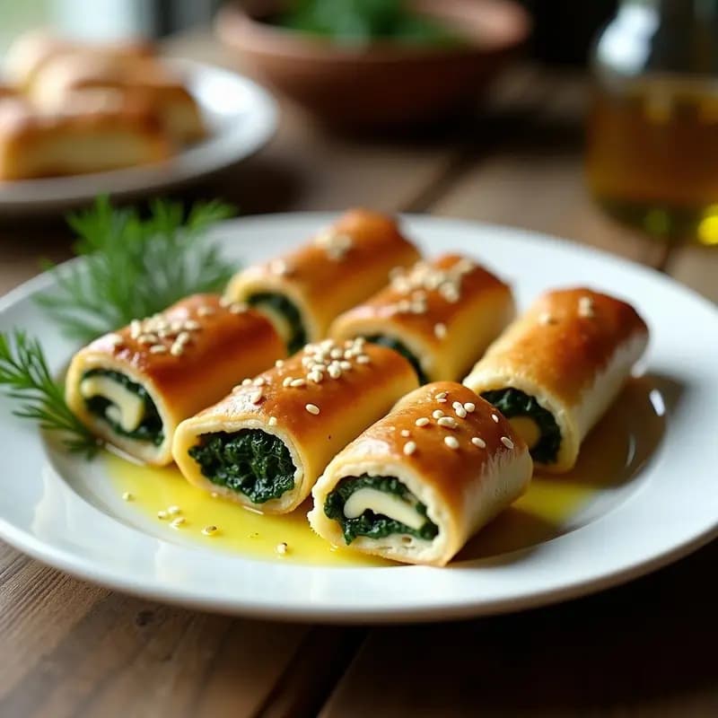 Rollitos dorados y crujientes de Spanakopita en hoja de filo, rellenos de espinacas y queso feta, servidos en un plato blanco con hierbas frescas y salsa de yogur al lado. Receta griega sin horno.