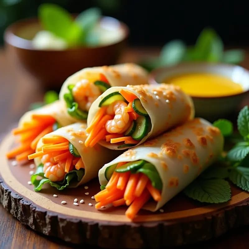 Plato blanco con spring rolls de papel de arroz rellenos de camarones, zanahoria, pepino y hierbas frescas, acompañados de salsa de limón y miel. Aperitivo vietnamita crujiente y ligero.
