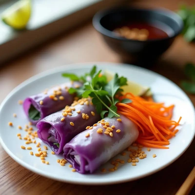 Plato blanco con Spring Rolls vietnamitas crudiveganos de col morada y zanahoria, enrollados en papel de arroz transparente, acompañados de salsa de tamari oscura en un bol pequeño. Decorados con semillas de sésamo y hierbas frescas como menta y cilantro.