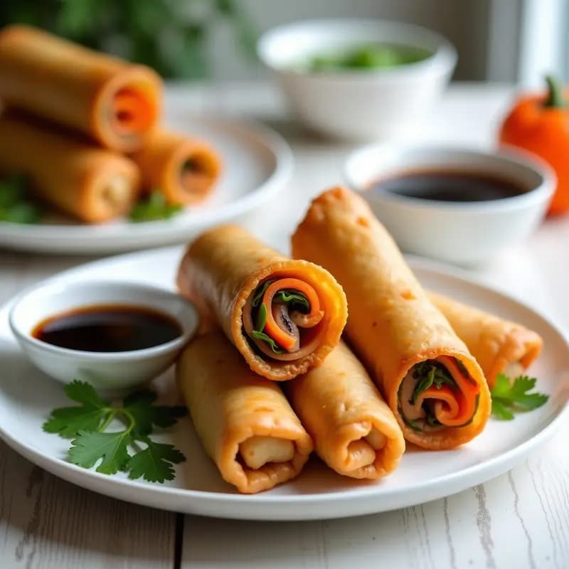 Spring rolls dorados y crujientes de hongos shiitake y zanahoria, servidos en un plato blanco con salsa de soja y cilantro fresco, receta china vegana en freidora sin aceite.