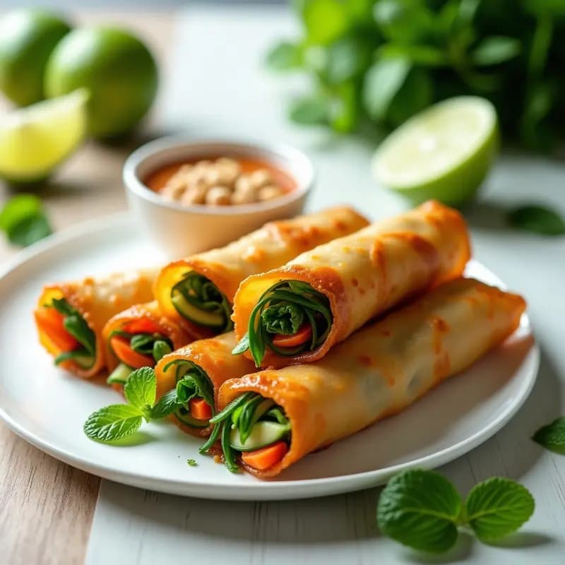 Spring Rolls Vietnamitas de Papaya Verde dorados y crujientes servidos en un plato de cerámica blanca, acompañados de salsa de cacahuete y lima. El relleno de papaya verde, zanahoria, pepino y hierbas frescas se asoma por los extremos, con un fondo de hojas de menta y rodajas de lima.