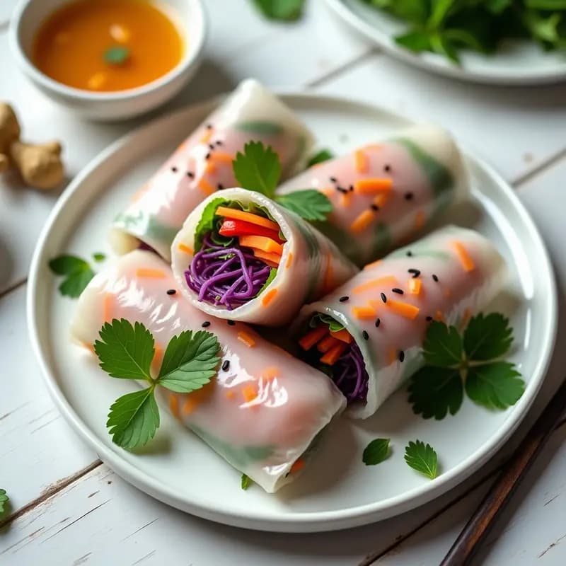 Spring Rolls de repollo morado y zanahoria crudiveganos sin fritura, servidos en bandeja de madera con salsa de cacahuete y semillas de sésamo, receta vietnamita fresca y colorida.
