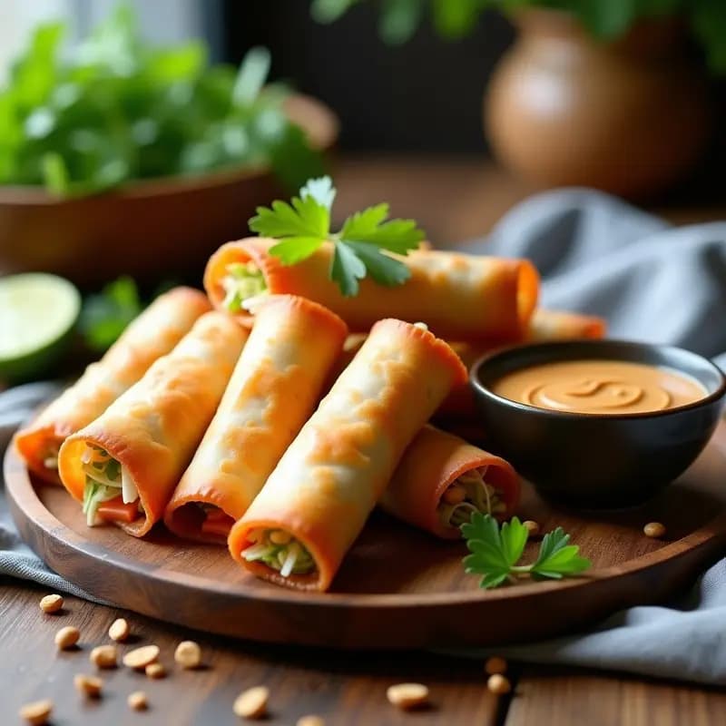 Spring Rolls tailandeses dorados y crujientes en Airfryer, rellenos de repollo morado y zanahoria, servidos con salsa de cacahuete cremosa y decorados con cilantro fresco.