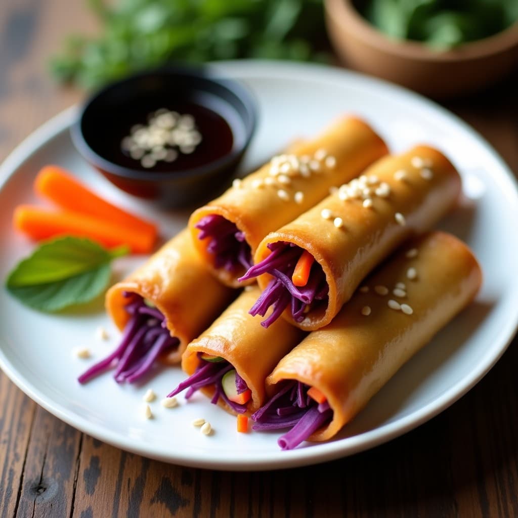Rollitos de spring rolls dorados y crujientes de repollo morado y zanahoria, servidos en un plato blanco con salsa oscura de soja y semillas de sésamo, acompañados de rodajas de zanahoria naranja para decoración.