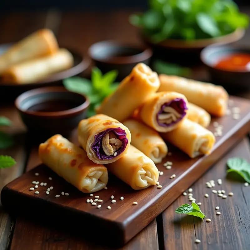 Spring rolls vietnamitas dorados y crujientes con relleno de cerdo y repollo, servidos en un plato de madera con salsa para mojar y hierbas frescas.