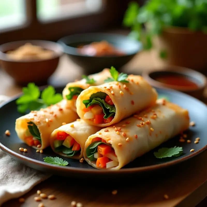 Spring Rolls Vietnamitas con Verduras dorados y crujientes, servidos en una bandeja de madera con salsa de soja y hierbas frescas. Receta sin gluten cocinada en airfryer.