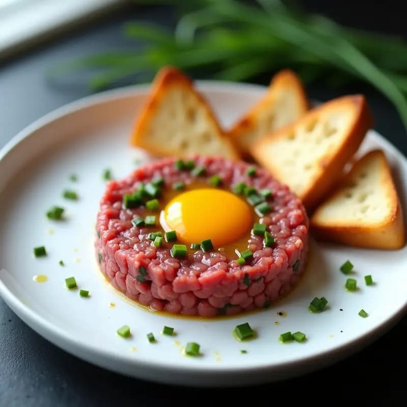 Plato elegante con steak tartare de ternera cruda picada, coronado con una yema de huevo campero brillante, rodeado de cebolla morada, alcaparras y perejil. Acompañado de rebanadas de baguette tostado y un hilo de aceite de oliva. Receta francesa clásica alta en proteína.
