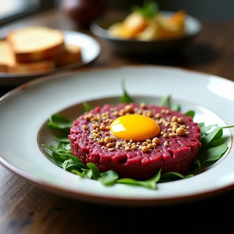 Steak Tartare vegano de remolacha y nueces con yema de huevo amarilla en el centro, servido sobre un lecho de rúcula y acompañado de pan de centeno tostado. Plato elegante con semillas de sésamo negro espolvoreadas.