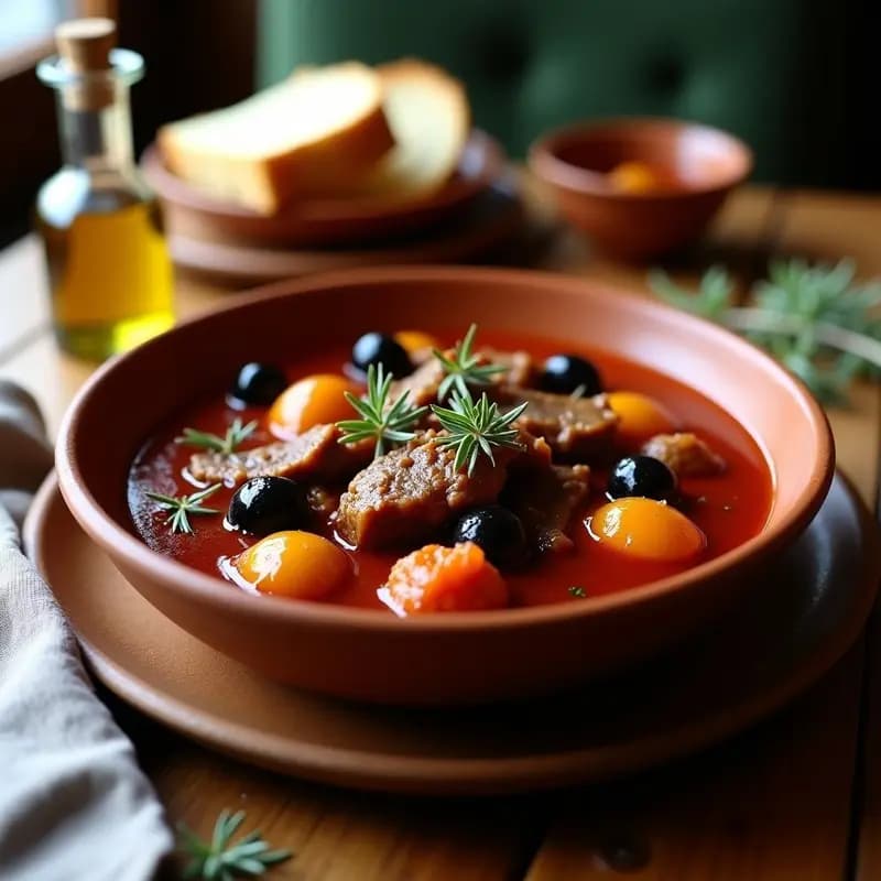 Plato hondo de barro con stifado de rabo de toro en salsa espesa y oscura, cebollitas perlitas enteras y aceitunas Kalamata negras. Acompañado de pan rústico y decorado con ramitas de tomillo fresco. Fotografía de cocina griega tradicional con luz cálida.