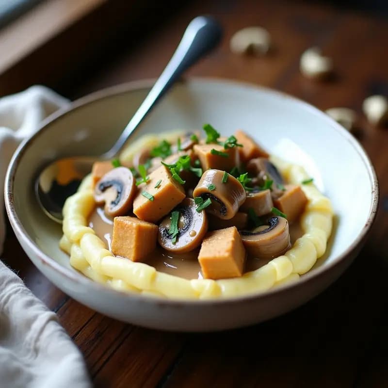 Plato hondo de porcelana blanca con stroganoff ruso vegano: trozos dorados de tofoo ahumado y láminas de hongos portobello bañados en una cremosa salsa de color beige, servido sobre un lecho de puré de patatas. Decorado con perejil fresco picado y virutas de anacardo tostado.