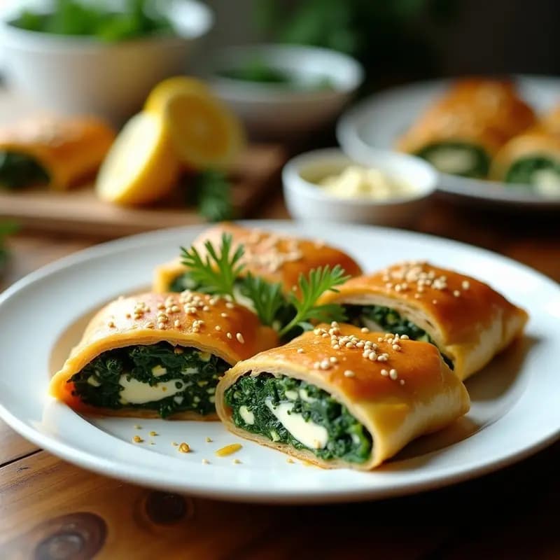 Strudel de espinacas y feta con masa de filo dorado y crujiente, servido en rodajas sobre un plato blanco. Se aprecian las capas de filo entremezcladas con semillas de sésamo y el relleno verde y blanco de espinacas y queso feta. Acompañado de una rama de eneldo fresco y rodajas de limón.
