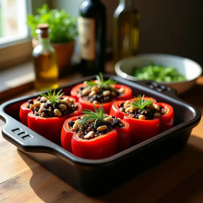 Cuatro pimientos rojos asados rellenos de arroz salvaje oscuro y champiñones shiitake dorados, decorados con piñones y eneldo fresco, servidos en una fuente de barro griega con salsa de yogur al lado. Receta de stuffed peppers con arroz salvaje y shiitake al horno.