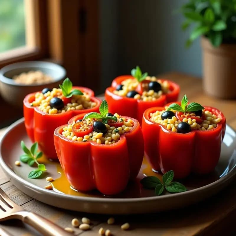 Cuatro pimientos rojos asados rellenos de arroz integral con tomate, hierbas griegas y piñones, servidos en una bandeja de barro con un toque de perejil fresco y un chorrito de aceite de oliva, receta vegana y baja en calorías.