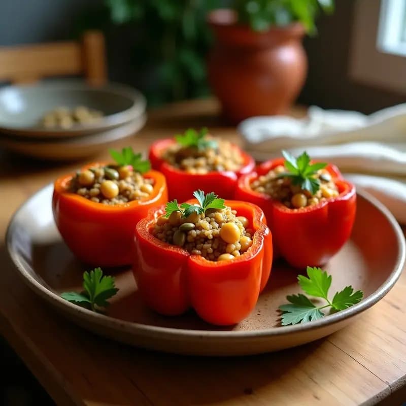 Cuatro pimientos morrones rojos rellenos de una mezcla dorada de quinoa, garbanzos y especias mexicanas, horneados hasta la perfección. Decorados con semillas de calabaza y cilantro fresco, servidos en una bandeja de barro sobre un fondo rústico. Receta de Stuffed Peppers rellenos de quinoa y garbanzos, vegana y mexicana.