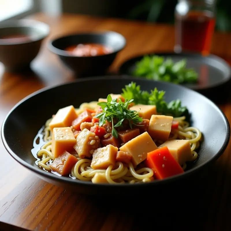 Olla caliente japonesa (nabe) con sukiyaki de tofu firme, repollo napa, champiñones shiitake, zanahoria y espinacas, bañados en un caldo dorado aromático. Plato servido en cuencos con fideos udon integral y semillas de sésamo espolvoreadas.