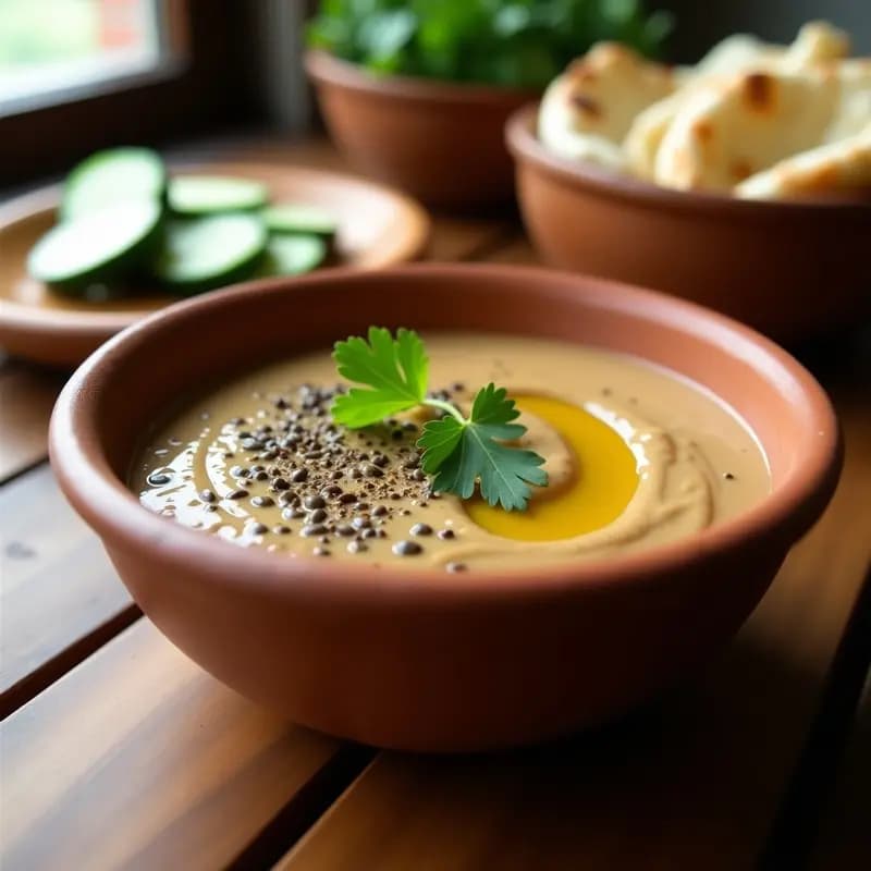Bol de cerámica blanca con sumbala afgana de berenjena asada, salsa cremosa vegana de color beige con vetas verdes de cilantro, decorada con un hilo de aceite de oliva y semillas de sésamo. Fondos de berenjenas asadas y hierbas frescas alrededor.