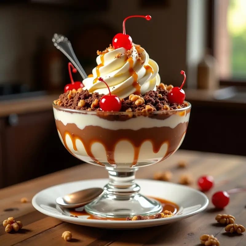 Sundae gigante en cuenco de cristal transparente con capas de helado de vainilla y chocolate, galletas trituradas, nata montada alta, sirope de caramelo brillante, cerezas rojas con tallo y nueces picadas. Postre ultraindulgente y colorido para compartir.
