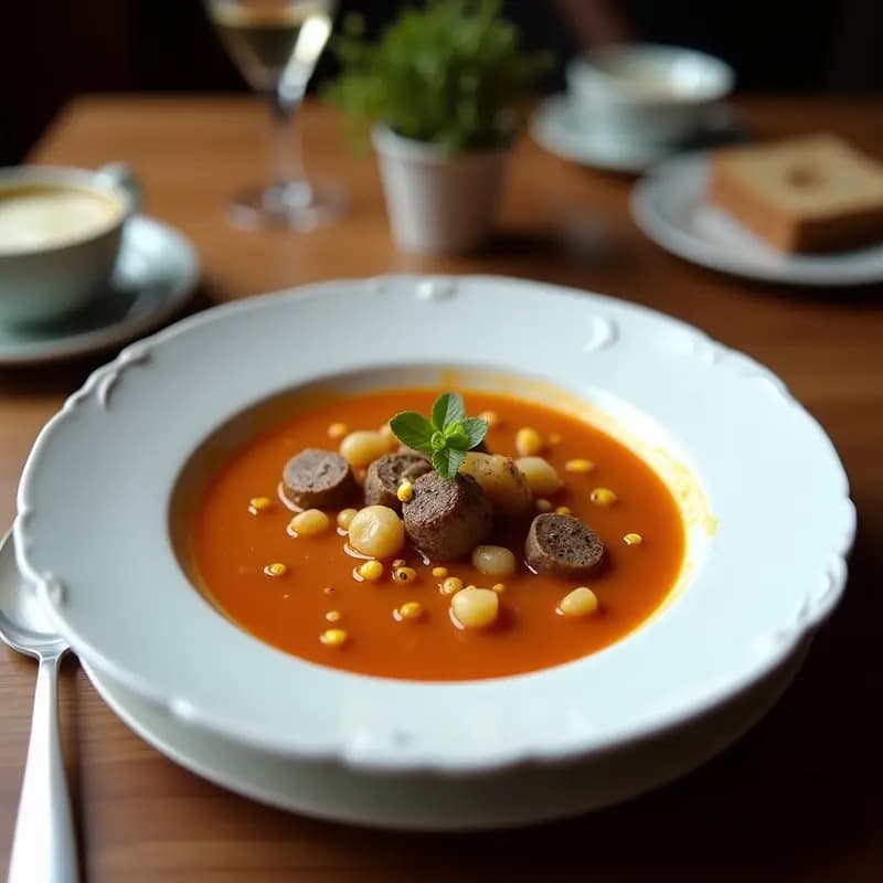 Cuenco hondo de cerámica negra con Sup Buntut Indonesio: sopa espesa de rabo de ternera en caldo dorado, con trozos de carne tierna, patatas, zanahorias y hierbas frescas. Acompañado de gajos de limón y sambal en un plato de madera rústica.