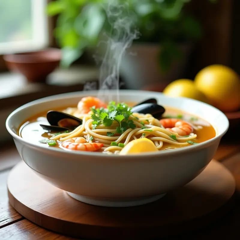 Bowl de porcelana blanca con Supang de Fideos con Mariscos y Caldo de Limón, mostrando fideos de arroz sumergidos en un caldo dorado y transparente, gambas rosadas, mejillones abiertos, cebollino verde y rodajas de limón como decoración. Plato humeante sobre fondo de madera rústica.