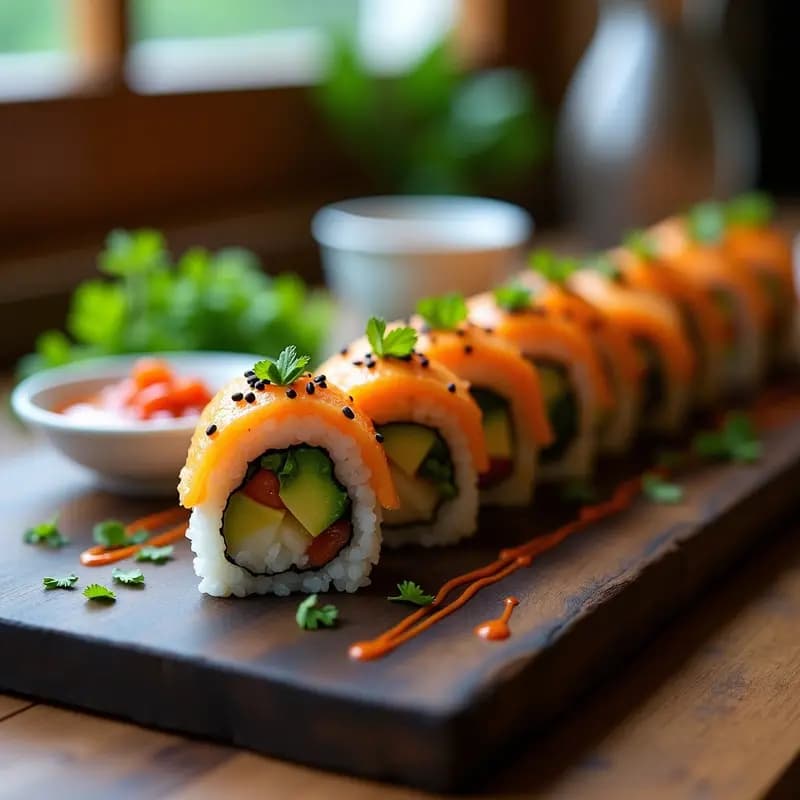 Roll de sushi vegano cortado en porciones sobre una tabla de madera oscura, mostrando capas de aguacate cremoso, camarones veganos dorados y pimiento rojo asado, acompañado de salsa sriracha-mayo en un cuenco pequeño. Decorado con semillas de sésamo negro y hojas de cilantro fresco.
