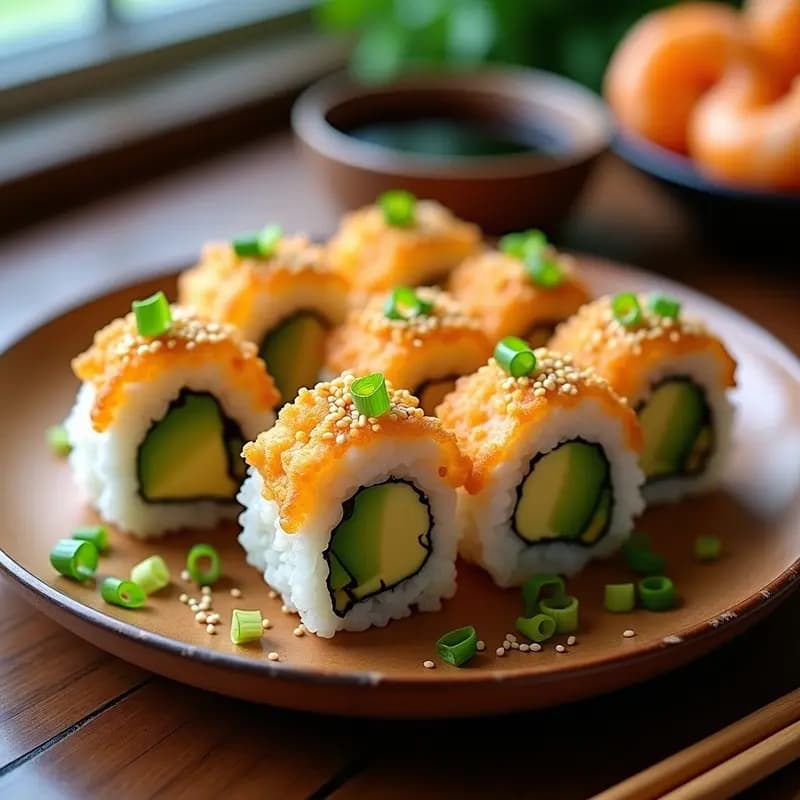 Plato de sushi de aguacate y camarones tempura cortado en piezas, mostrando capas de arroz vinagrado, aguacate cremoso y camarones dorados crujientes, acompañado de salsa de soja, jengibre en escabeche y semillas de sésamo.