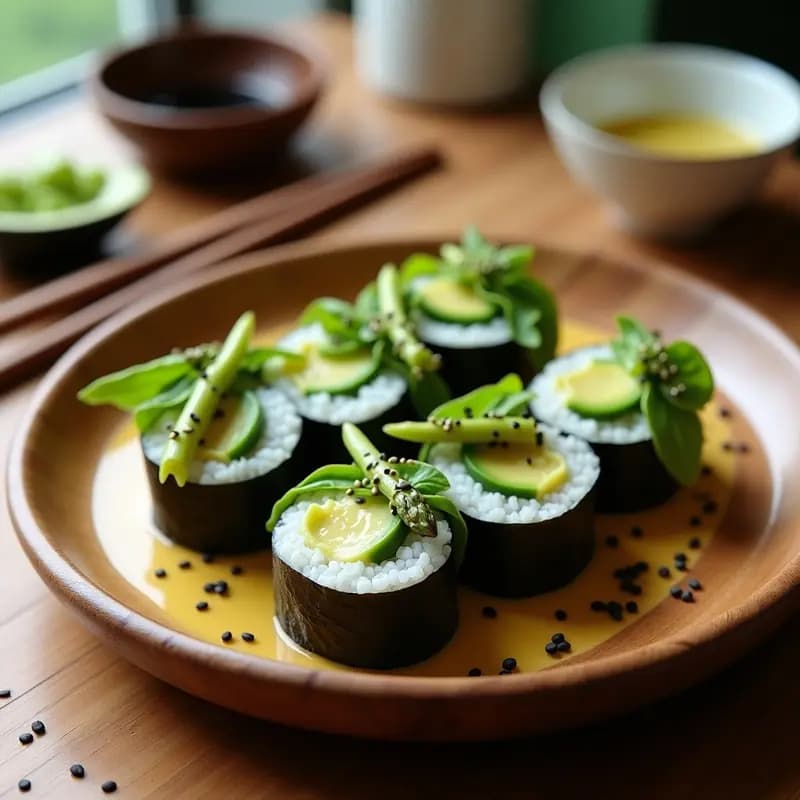 Rollos de sushi vegano con aguacate y espárragos trigueros cortados en porciones, servidos en plato de madera con vinagreta de limón y semillas de sésamo espolvoreadas.