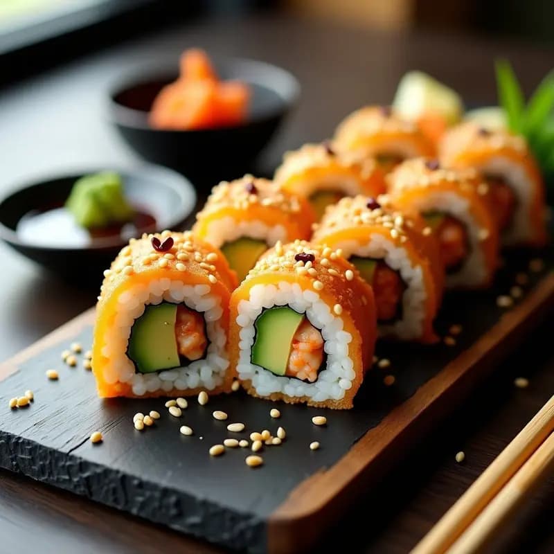 Rollos de sushi de aguacate y langostino tempurizado cortados en porciones, mostrando capas de arroz, aguacate cremoso y langostino dorado crujiente, servidos en un plato negro con salsa de yuzu y miel, wasabi y jengibre encurtido.
