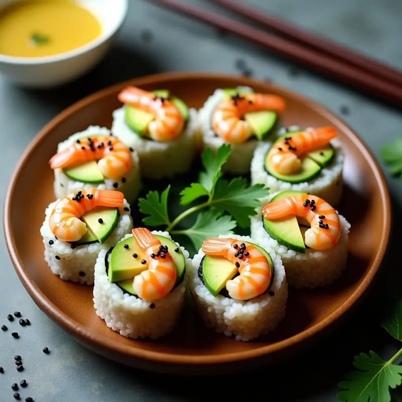 Plato blanco rectangular con sushi de aguacate y langostinos al cítrico cortado en piezas, mostrando capas de arroz brillante, aguacate cremoso y langostinos rosados. Acompañado de vinagreta dorada y semillas de sésamo negro, sobre fondo de madera clara.