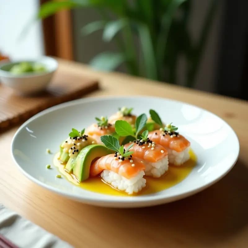 Plato blanco minimalista con sushi de aguacate y langostinos dispuestos en abanico, bañados en vinagreta de yuzu. Decorado con semillas de sésamo negro y blanco, ralladura de lima y hojas de cilantro fresco. Fondo claro con detalles de madera para resaltar la receta japonesa fresca y ligera.